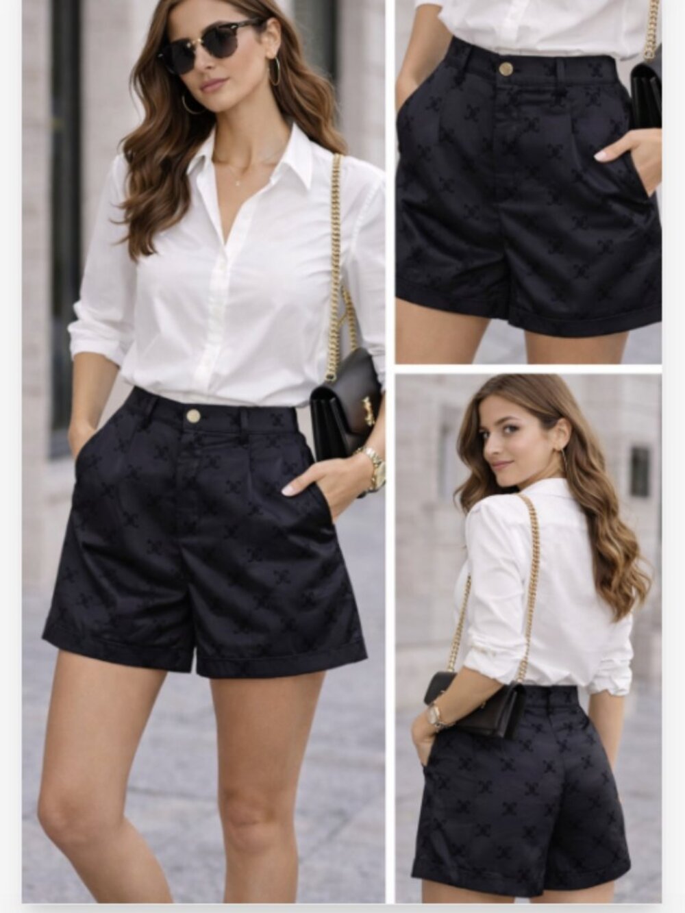 Black Satin Monogram High Waist Tailored Shorts Paris Chic Celine Style